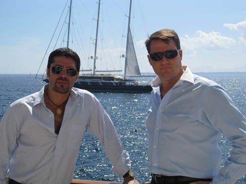 Eduardo Verastegui (Actor and Producer) with Sean Wolfington (Financier and Producer) at the Eden Rock Restaurant during the Cannes Film Festival