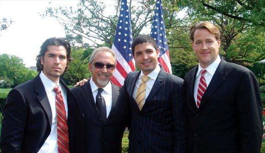 Eduardo Verastegui (Actor and Producer), Emilio Estefan (Grammy Award-Winning Musucian and Producer), Alejandro Monteverde (Director and Producer) and Sean Wolfington (Financier and Producer) stand inside the Rose Garden at the White House in Washington, DC