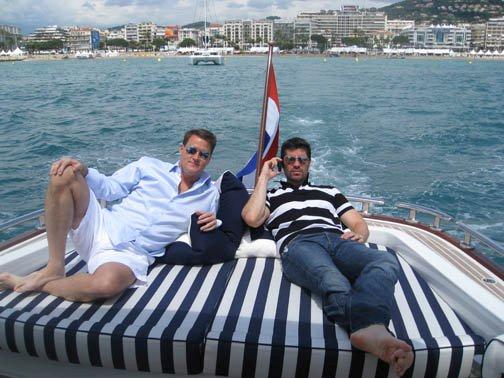 Eduardo Verastegui (Actor and Producer) and Sean Wolfington (Financier and Producer) enjoy Cannes, France by boat