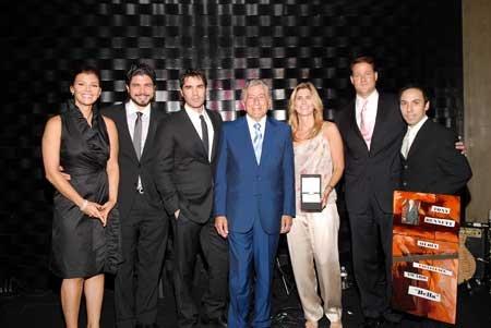 Ali Landry (Actor), husband Alejandro Monteverde (Director and Producer), Eduardo Verastegui (Actor and Producer), Tony Bennett (Music Legend), wife Susan Benedetto, Sean Wolfington (Financier and Producer) and wife Ana Wolfington (Financier and Producer) receive an award from Tony Bennett for excellence in the arts