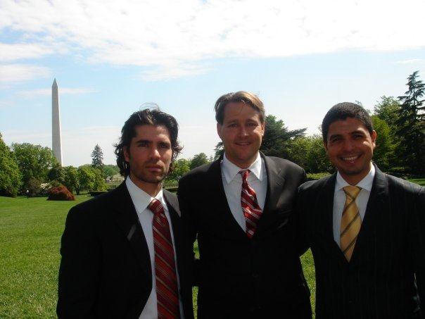 Eduardo Verastegui (Actor and Producer), Sean Wolfington (Financier and Producer), and Alejandro Monteverde (Director and Producer) on the White House lawn